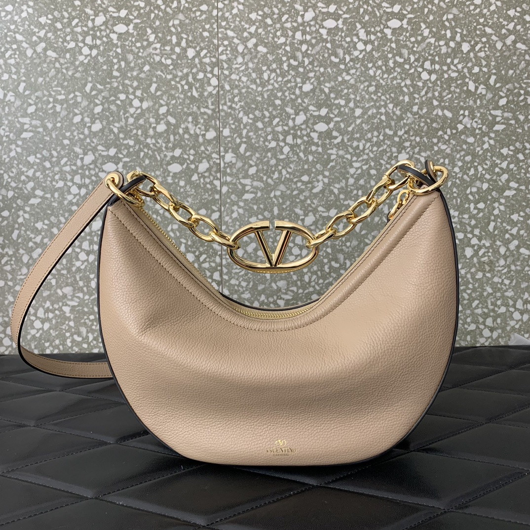 Valentino Garavani VLogo Moon Small Hobo Bag in Light Grey Nappa Leather 